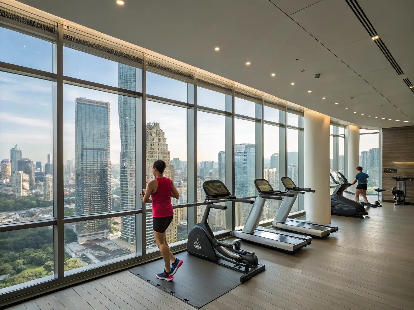 A photograph showcasing the condominium's state-of-the-art fitness center, equipped with the latest exercise machines and panoramic views of the city skyline, emphasizing a healthy and active lifestyle for residents.
