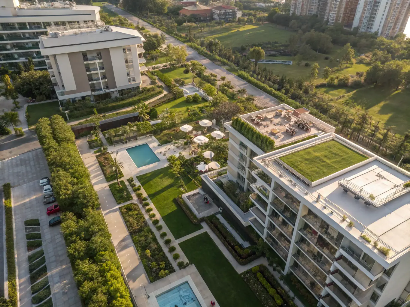 An exterior shot of the R&F Princess Cove development, emphasizing its modern architecture, lush landscaping, and proximity to the CIQ and RTS stations. The image should convey a sense of connectivity, convenience, and urban living.