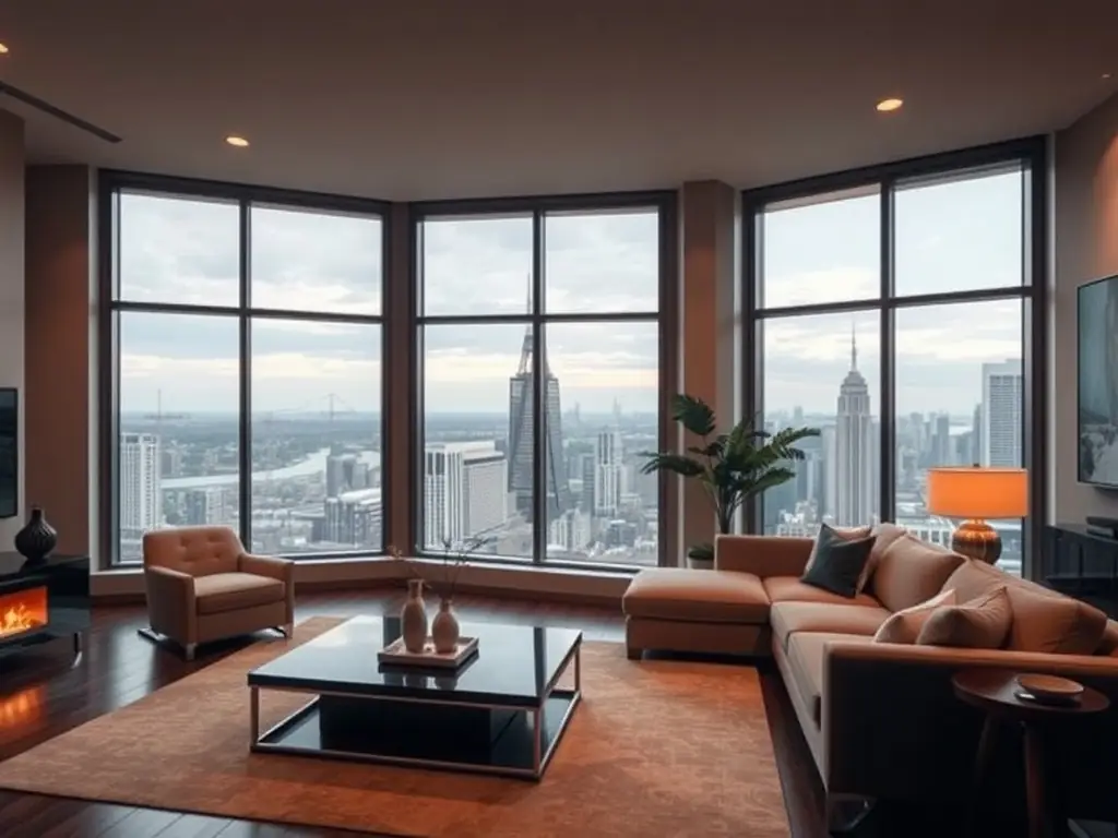A photograph showcasing the elegant and modern design of a condominium unit's living room, featuring high-end finishes, designer furniture, and floor-to-ceiling windows with stunning views.