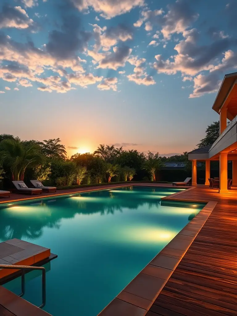 A luxurious swimming pool area within R&F Princess Cove, featuring comfortable lounge chairs, lush greenery, and a clear blue pool, conveying relaxation and exclusivity.