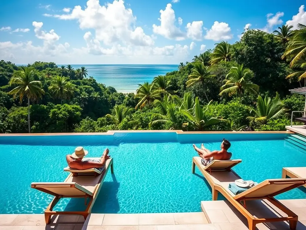 A photograph of the infinity pool overlooking the Straits of Johor, with comfortable lounge chairs and a serene atmosphere, highlighting the relaxation and leisure opportunities available to residents.