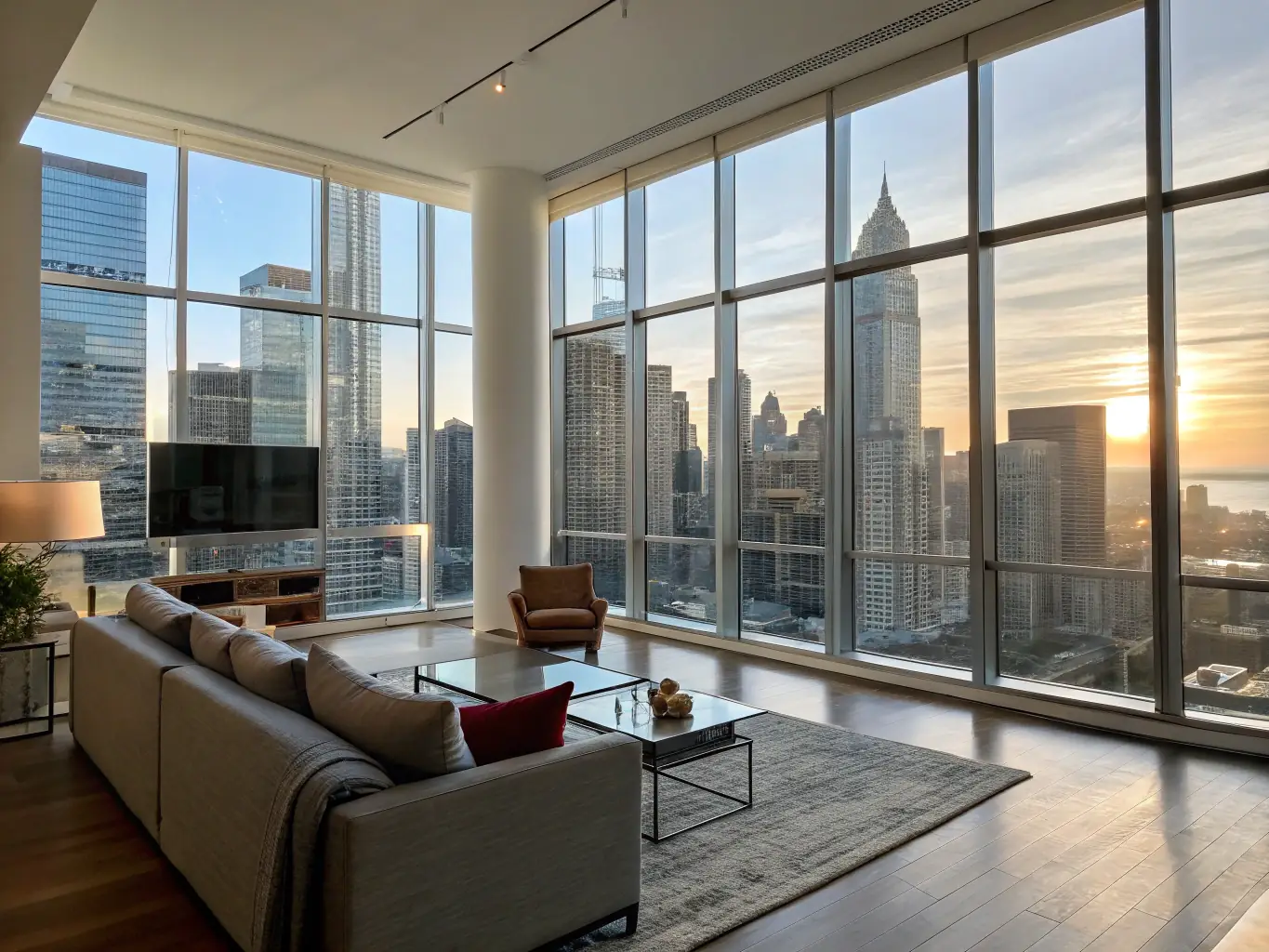 A brightly lit, modern interior of a R&F Princess Cove condominium unit, highlighting the high-end finishes, spacious layout, and floor-to-ceiling windows. The image should convey a sense of luxury, comfort, and contemporary design.