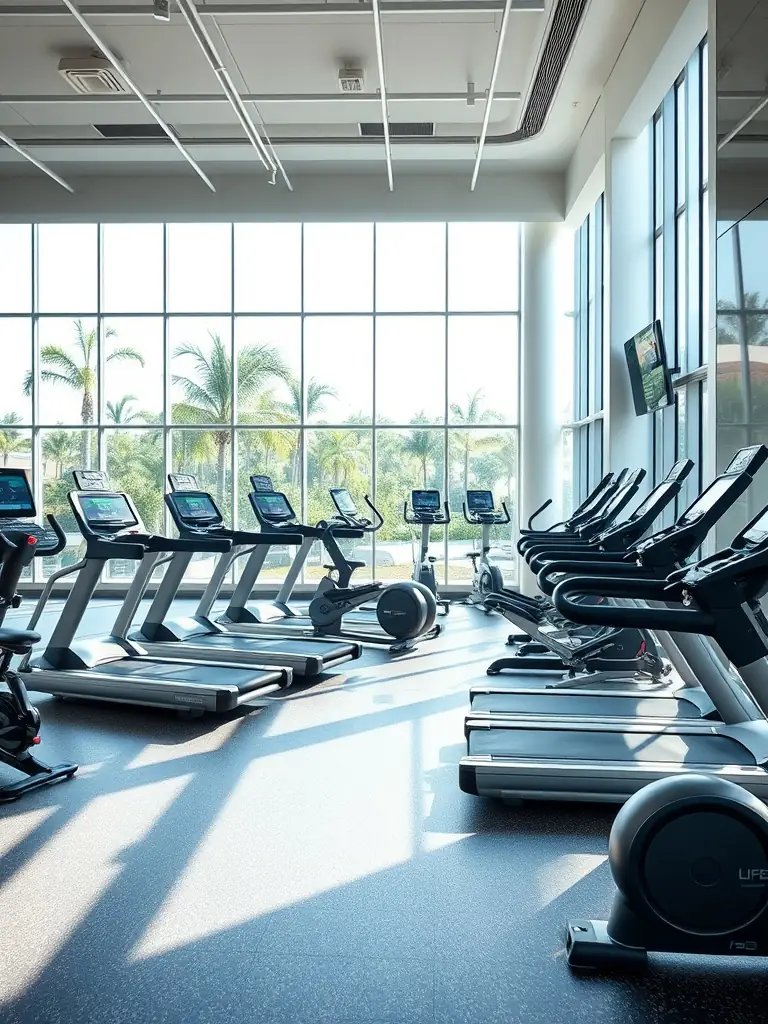 A modern and well-equipped fitness center inside R&F Princess Cove, showcasing treadmills, weights, and other exercise equipment, emphasizing a healthy lifestyle.